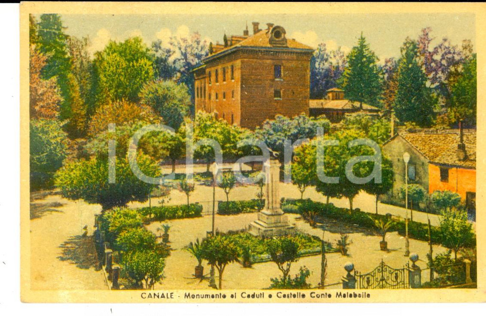 Cartolina originale da collezione 1948 CANALE D'ALBA (CN) Monumento ai Caduti e castello MALABAILA *Cartolina FP 1