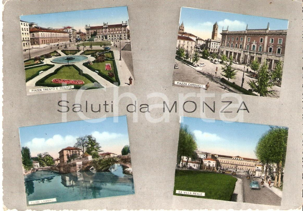 Cartolina originale da collezione 1956 MONZA Vedutine VILLA REALE Piazza Carducci Fiume LAMBRO Cartolina FG VG 1
