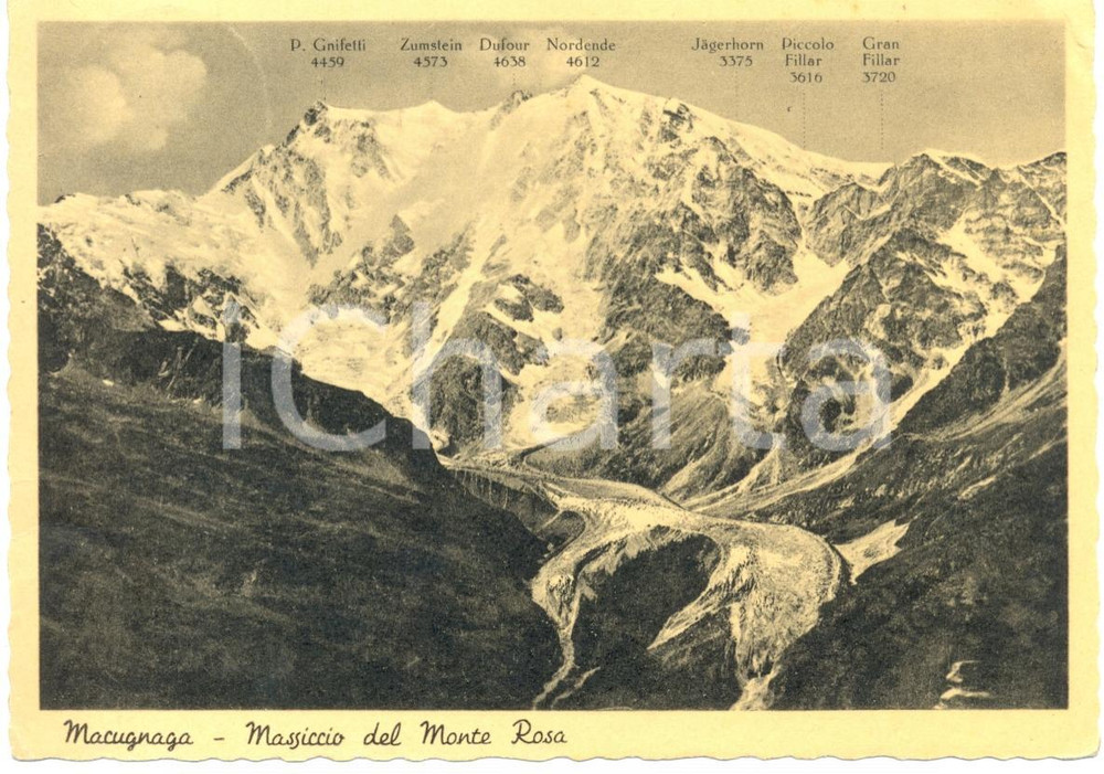 Cartolina originale da collezione 1937 MACUGNAGA (VB) Il massiccio del MONTE ROSA *Cartolina FG VG 1
