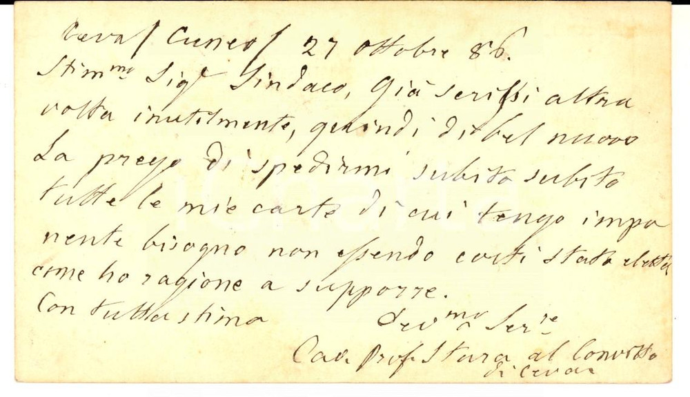 Documento originale, autentico 1886 CEVA (CN) Rettore don Antonio STURA chiede le proprie carte *Cartolina 1
