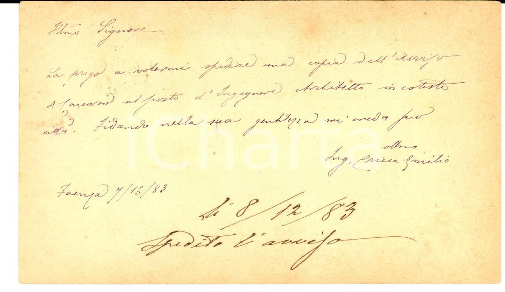Documento originale, autentico 1883 FAENZA RA Ing. Emilio CRICCA chiede un avviso di concorso Cartolina 1