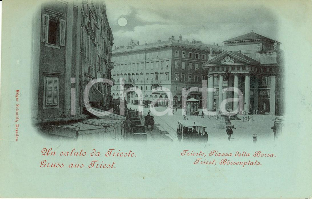 Cartolina originale da collezione 1900 ca TRIESTE Tram e carrozze in Piazza della BORSA Cartolina ANIMATA FP NV 1