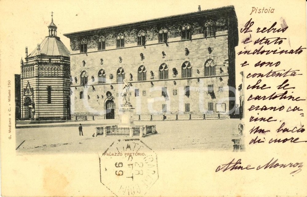 Cartolina originale da collezione 1899 PISTOIA Veduta Palazzo del PRETORIO con monumento Cartolina FP VG 1