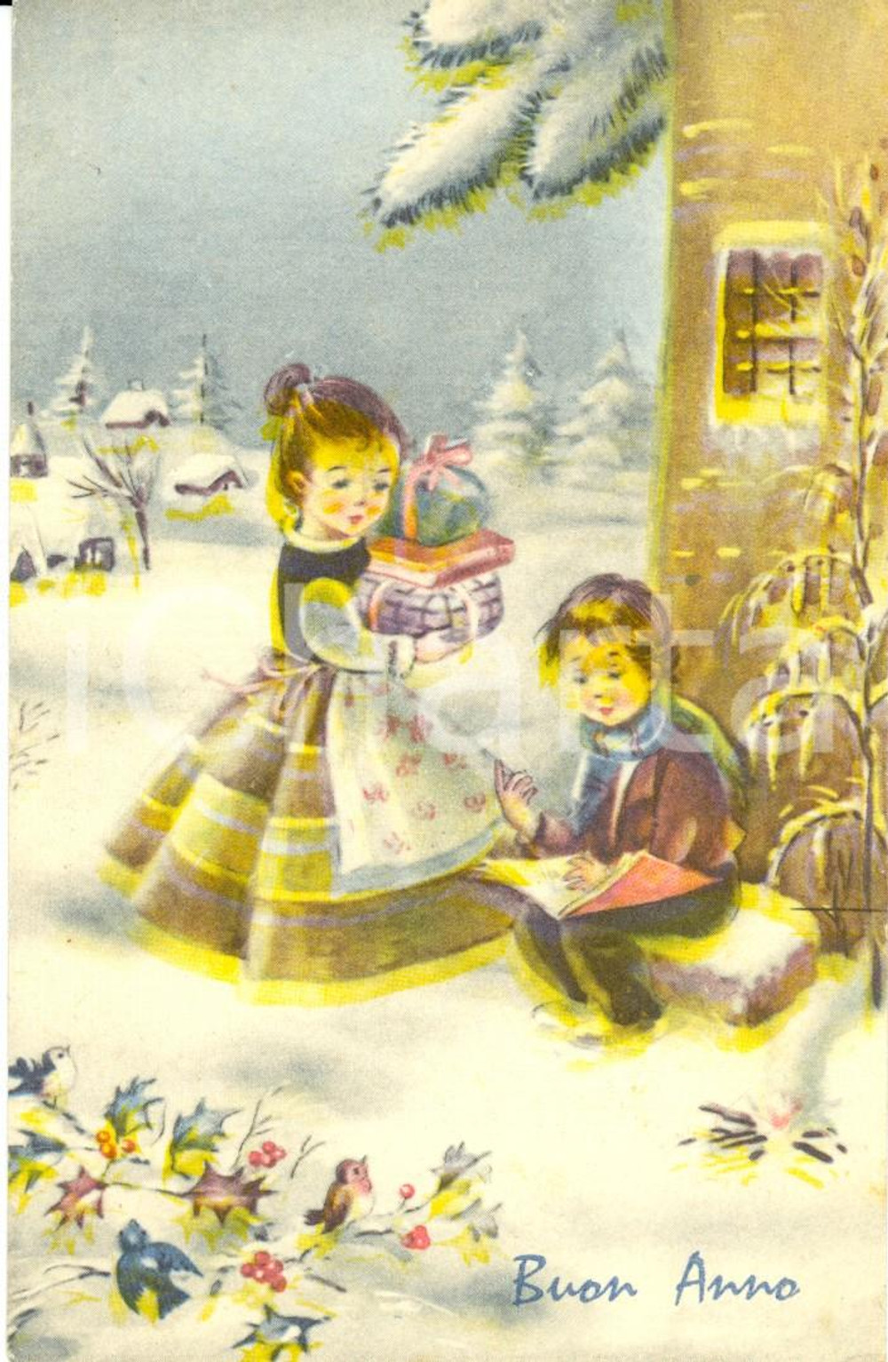 Cartolina originale da collezione 1967 BUON ANNO Bambini con doni sotto la neve *Cartolina ANIMATA FP VG 1