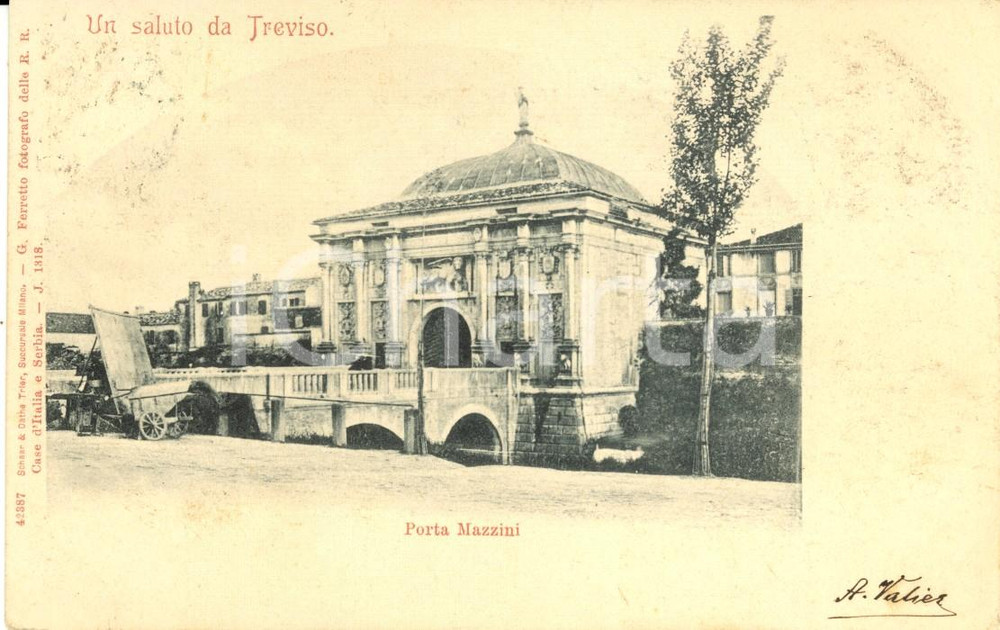 Cartolina originale da collezione 1900 ca TREVISO Veduta di Porta MAZZINI Cartolina ANIMATA con carretto FP VG 1