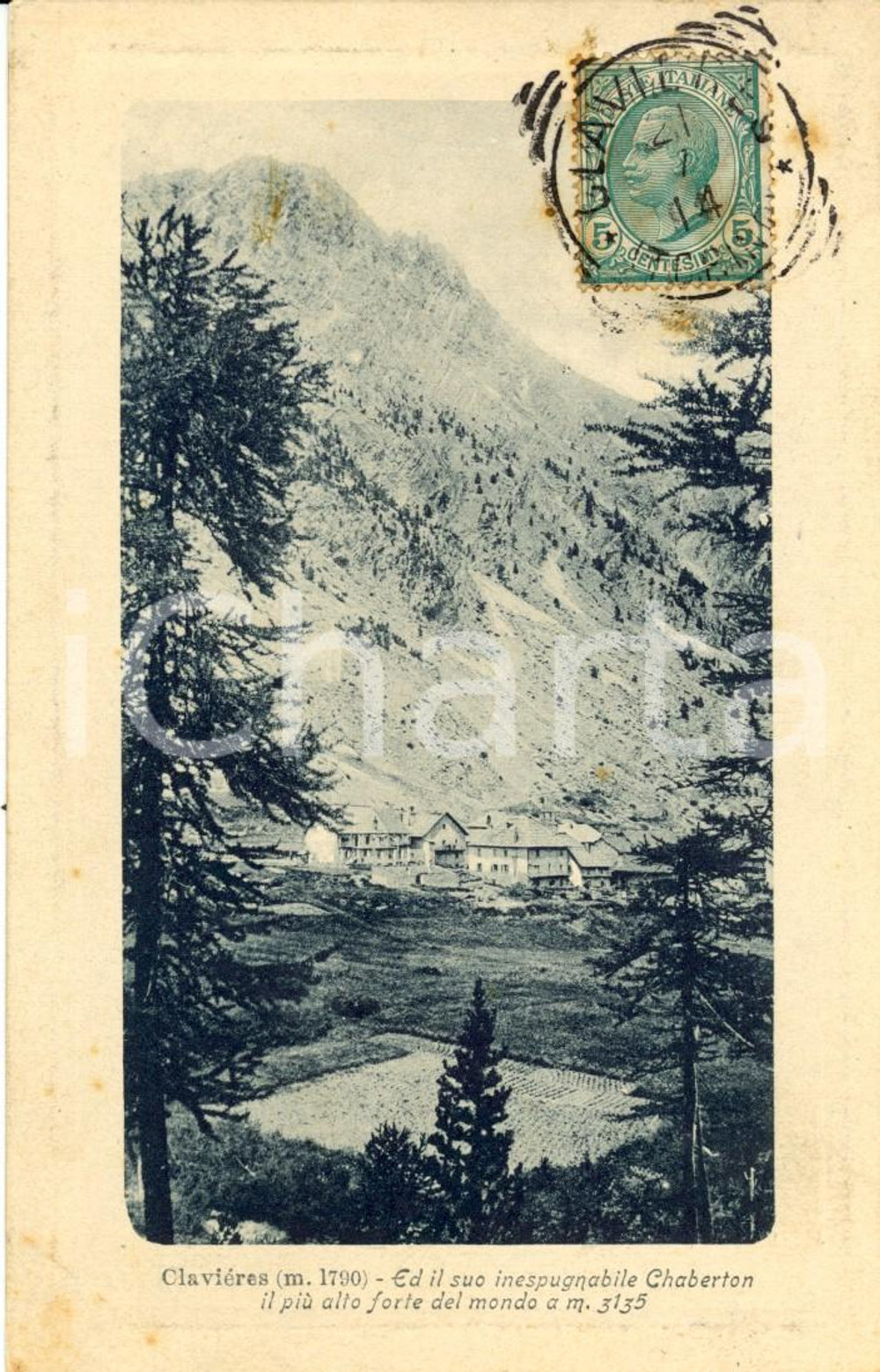 Cartolina originale da collezione 1914 CLAVIERES (TO) Veduta paese e Forte CHABERTON *Cartolina postale FP VG 1