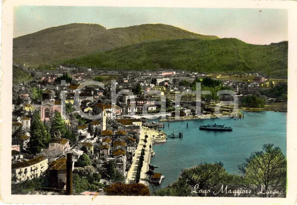 Cartolina originale da collezione 1955 LAVENO MOMBELLO (VA) Lungolago con battello in partenza *Cartolina FG VG 1