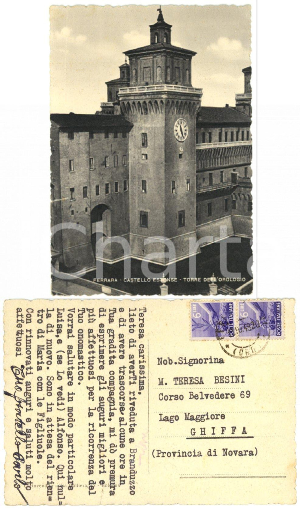 Autografo originale 1948 FERRARA Castello Estense *Cartolina del nobile Carlo BESINI FG VG 1