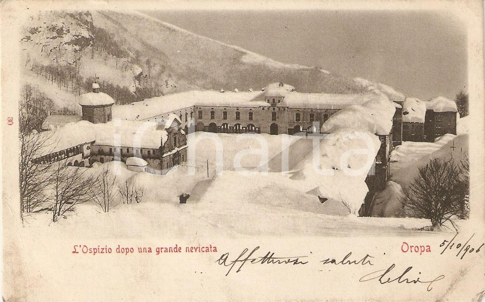 Cartolina originale da collezione 1906 OROPA BI L Ospizio dopo una grande nevicata Cartolina FP VG 1