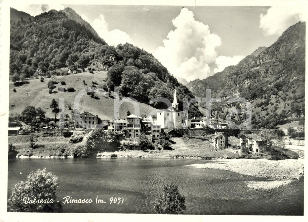 Cartolina originale da collezione 1957 RIMASCO (VC) VALSESIA Veduta paese e torrente SERMENZA *Cartolina FG VG 1