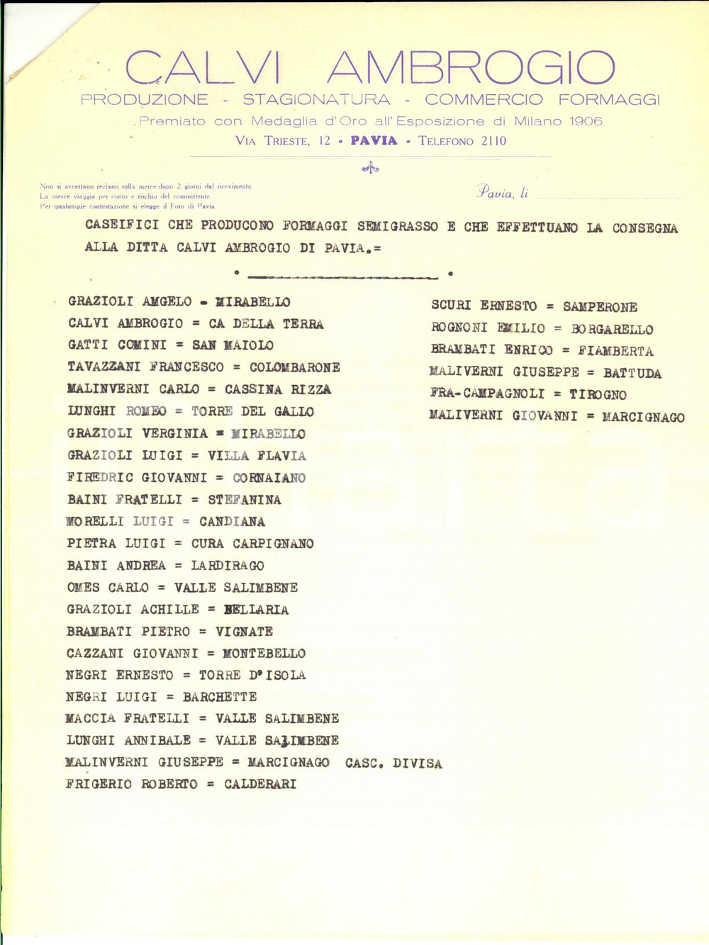 Documento originale, autentico 1945 RSI PAVIA Ditta Ambrogio CALVI - Caseifici fornitori di formaggi semigrassi 1