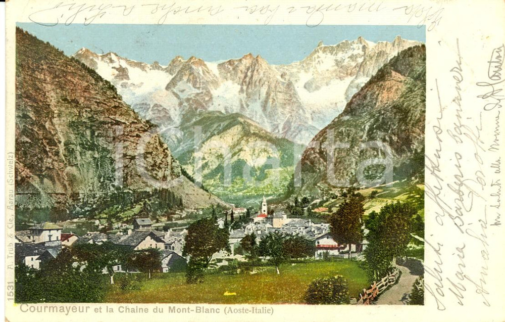 Cartolina originale da collezione 1905 COURMAYEUR (AO) Le village et la ChaÃ®ne du Mont BLANC *Cartolina FP VG 1