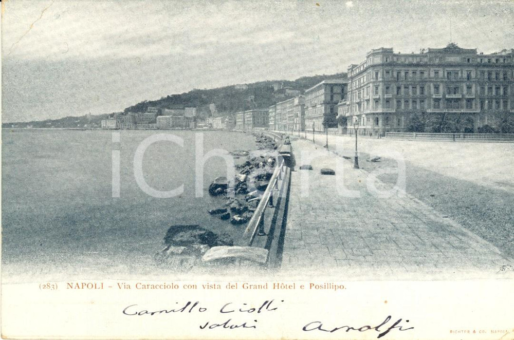 Cartolina originale da collezione 1900 NAPOLI Via CARACCIOLO con vista Grand Hotel e POSILLIPO *Cartolina FP VG 1