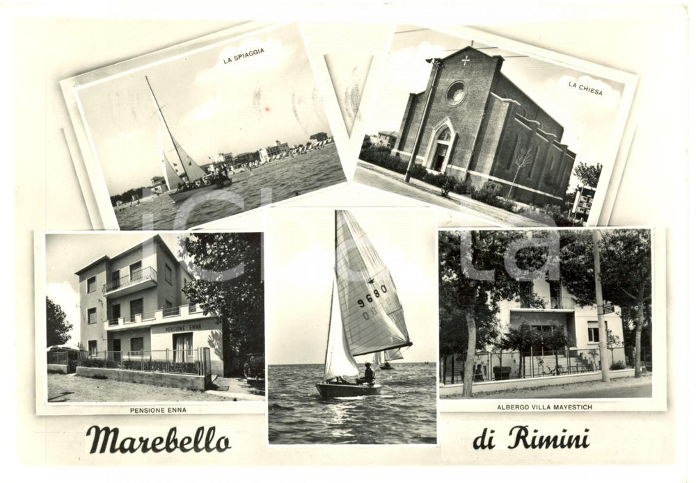 Cartolina originale da collezione 1960 MAREBELLO DI RIMINI (RN) Vedutine PENSIONE ENNA e MAYESTICH*Cartolina FG VG 1