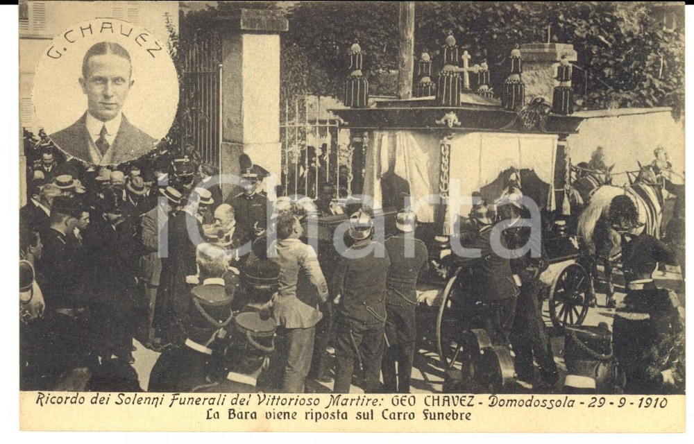 Cartolina originale da collezione 1910 DOMODOSSOLA (VB) Funerali solenni dell'aviatore Geo CHAVEZ *Cartolina 1
