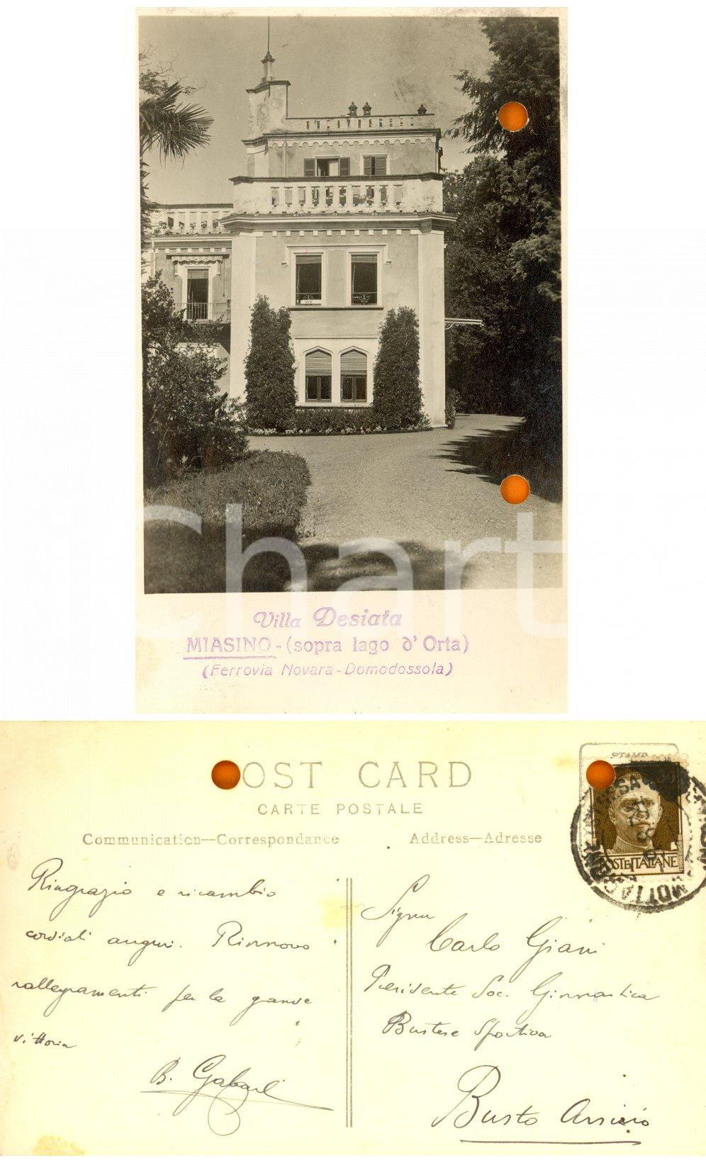 Autografo originale 1934 MIASINO NO Villa DESIATA Cartolina Biagio GABARDI a Ginnastica Bustese 1