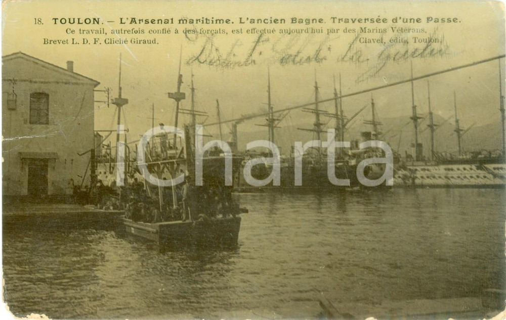 Cartolina originale da collezione 1905 TOULON (F) Arsenale marittimo e Bagni *Cartolina DANNEGGIATA FP VG 1