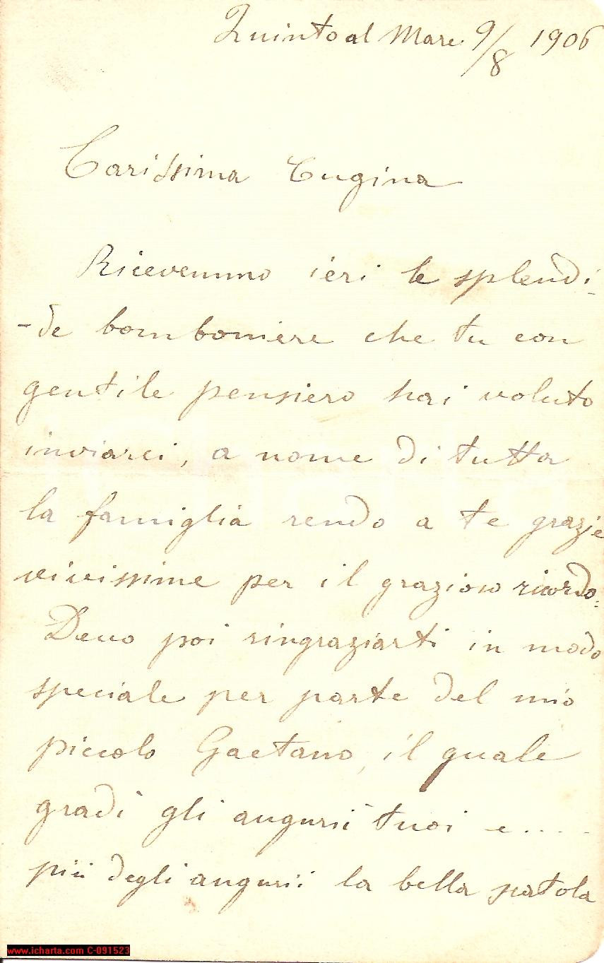 Manoscritto, lettera originale 1906 GENOVA QUINTO AL MARE Auguri per il matrimonio 1