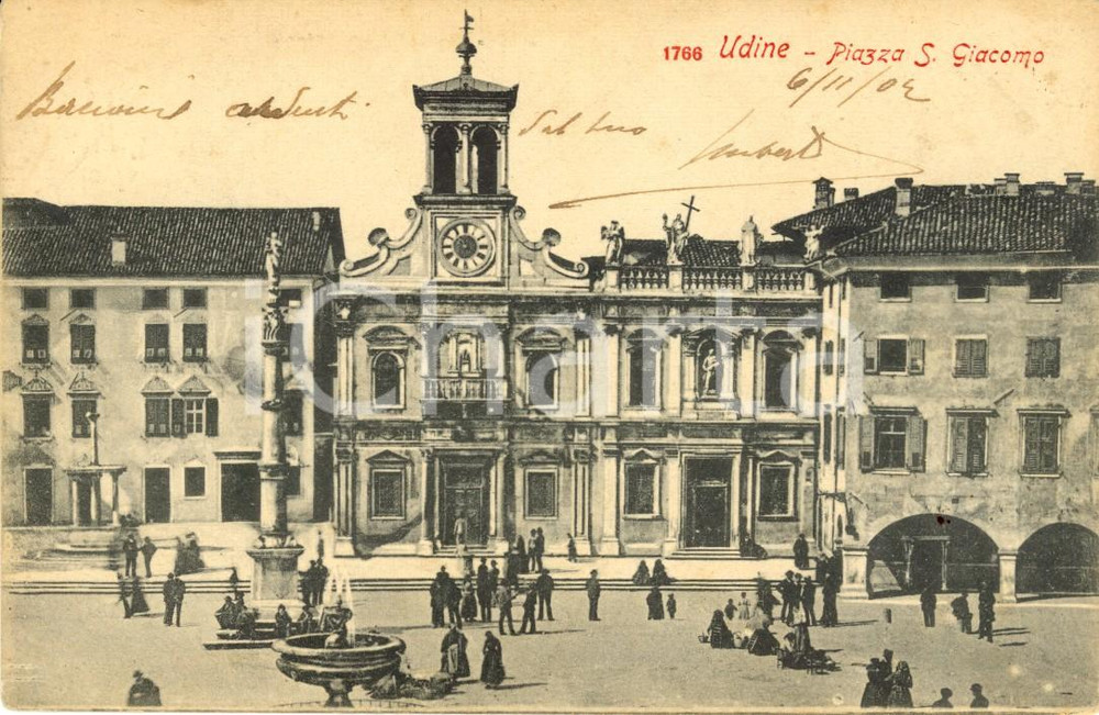 Cartolina originale da collezione 1902 UDINE Veduta di Piazza SAN GIACOMO *Cartolina postale ANIMATA FP VG 1