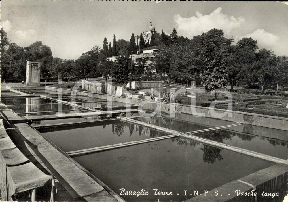 Cartolina originale da collezione 1959 BATTAGLIA TERME (PD) Sede INPS - Vasche di fango *Cartolina ANIMATA FG VG 1