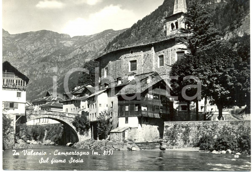 Cartolina originale da collezione 1961 CAMPERTOGNO (VC) Chiesa parrocchiale ponte in pietra sul SESIA *Cartolina 1