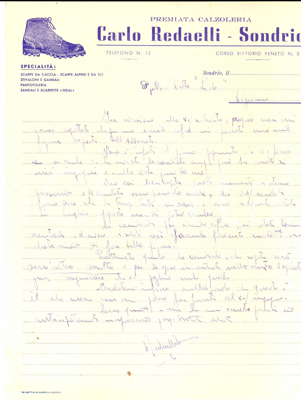 Manoscritto, lettera originale 1945 SONDRIO Calzoleria Carlo REDAELLI in ritardo con i pagamenti Lettera 1