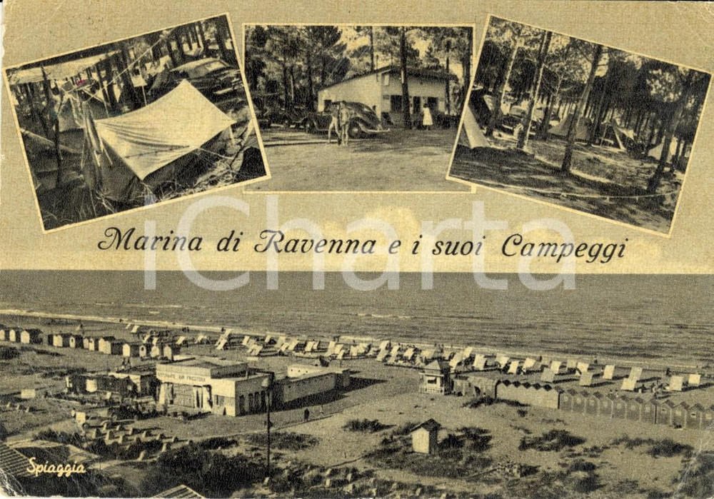 Cartolina originale da collezione 1957 MARINA DI RAVENNA (RA) Vedutine spiaggia e campeggi *Cartolina FG VG 1