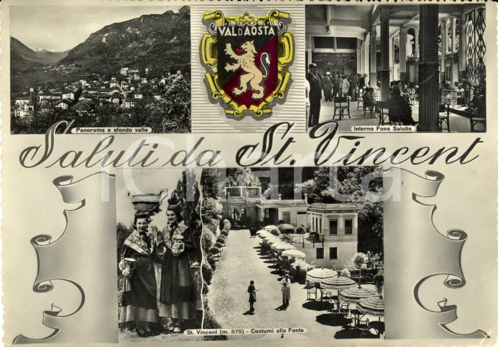 Cartolina originale da collezione 1955 SAINTVINCENT AO Vedutine paese e interno FONS SALUTIS Cartolina FG VG 1