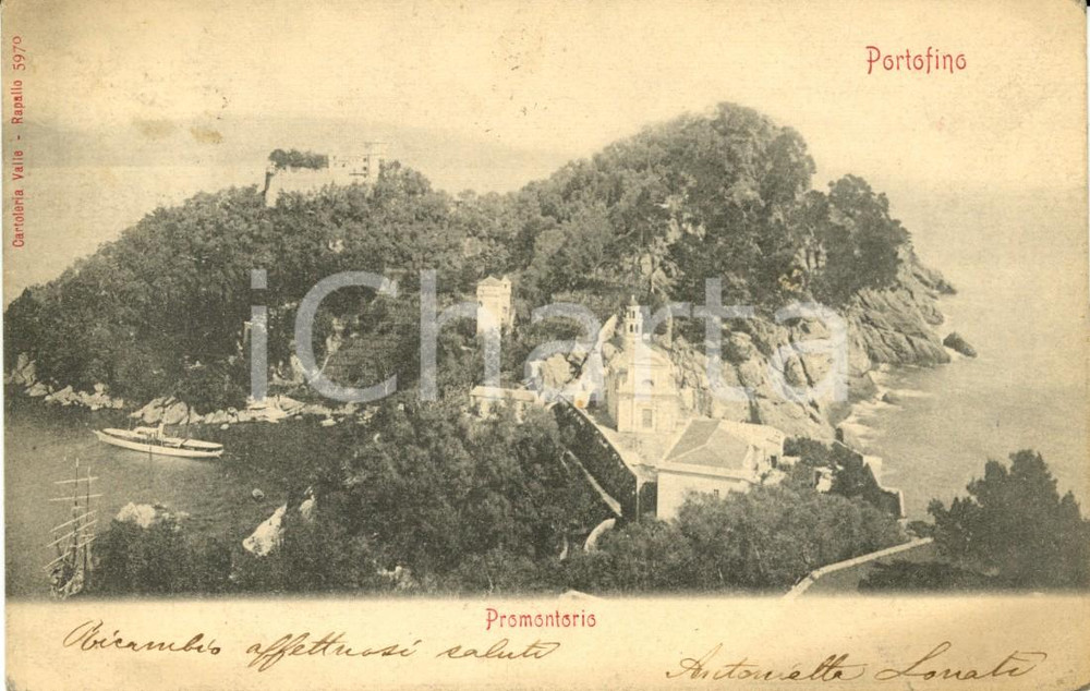 Cartolina originale da collezione 1902 PORTOFINO GE Veduta del promontorio con barche al porto Cartolina FP VG 1