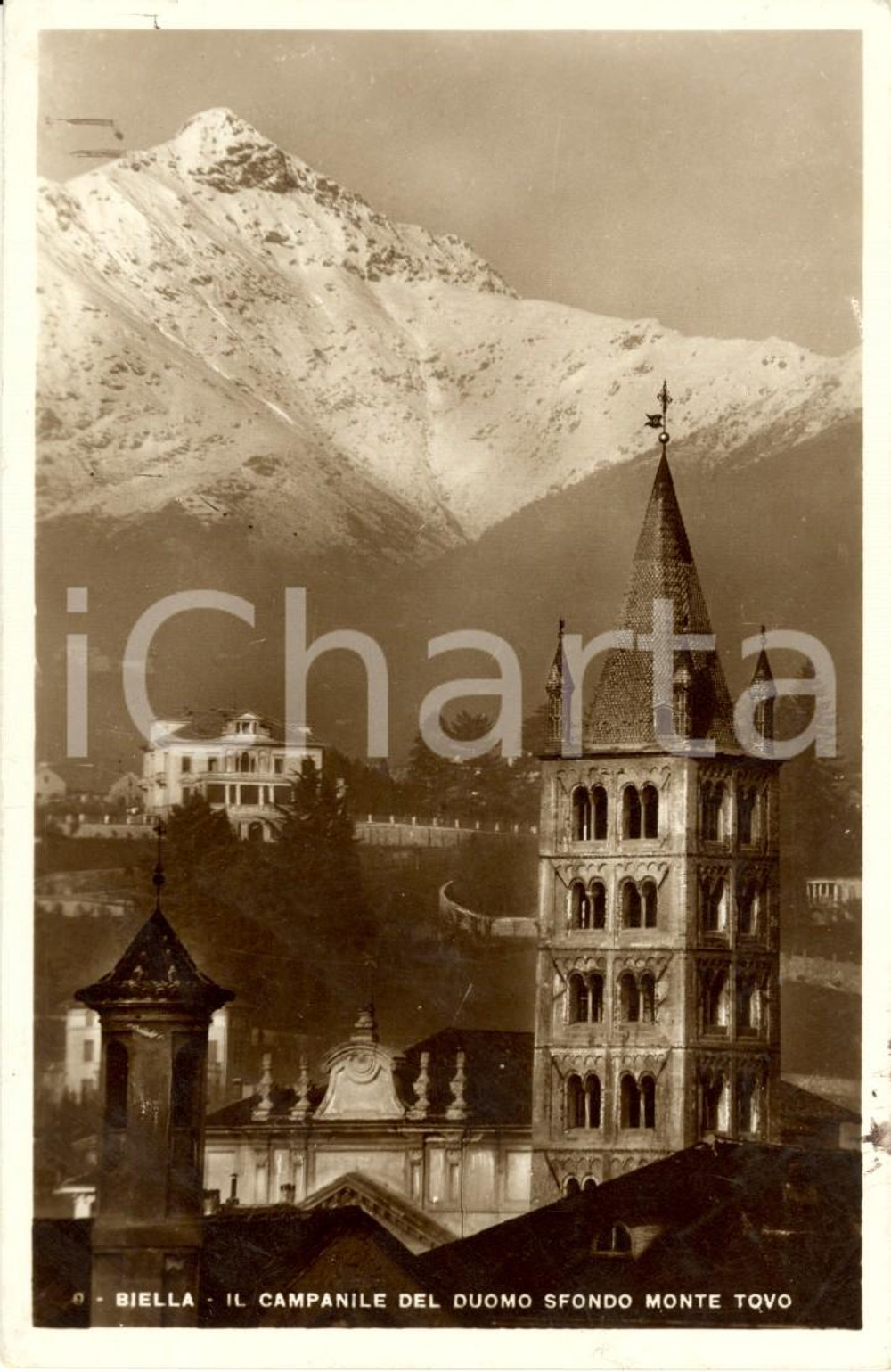 Cartolina originale da collezione 1940 ca BIELLA Il campanile del DUOMO con sfondo Monte TOVO *Cartolina FP VG 1