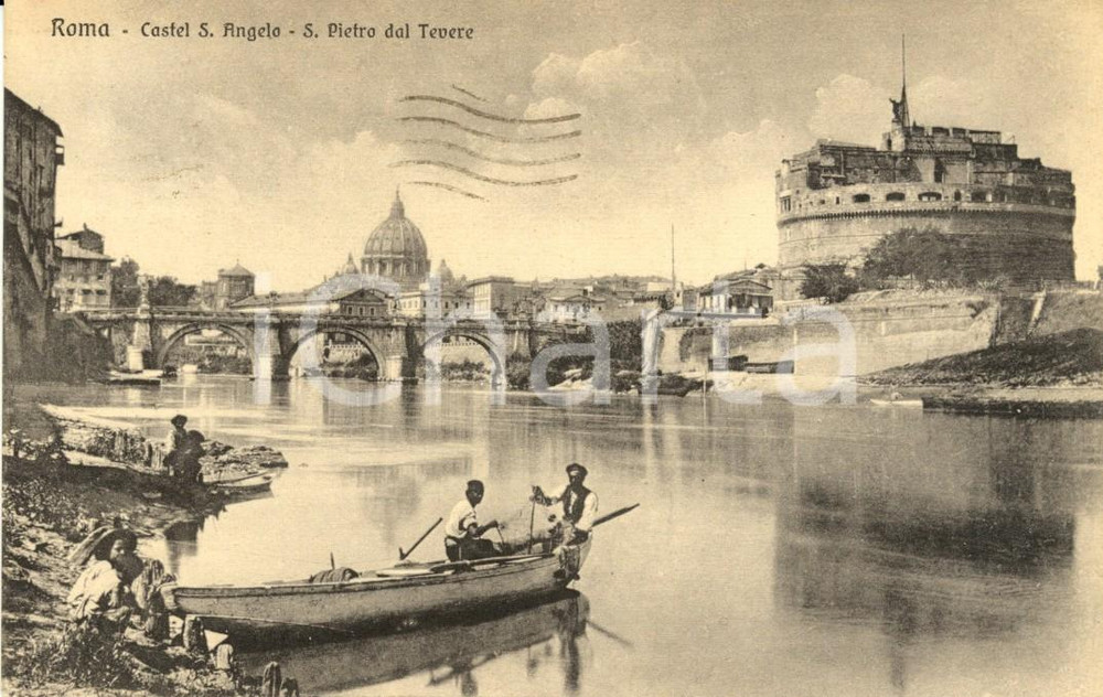 Cartolina originale da collezione 1918 ROMA Castel SANT'ANGELO e SAN PIETRO dal TEVERE Cartolina ANIMATA con barca 1