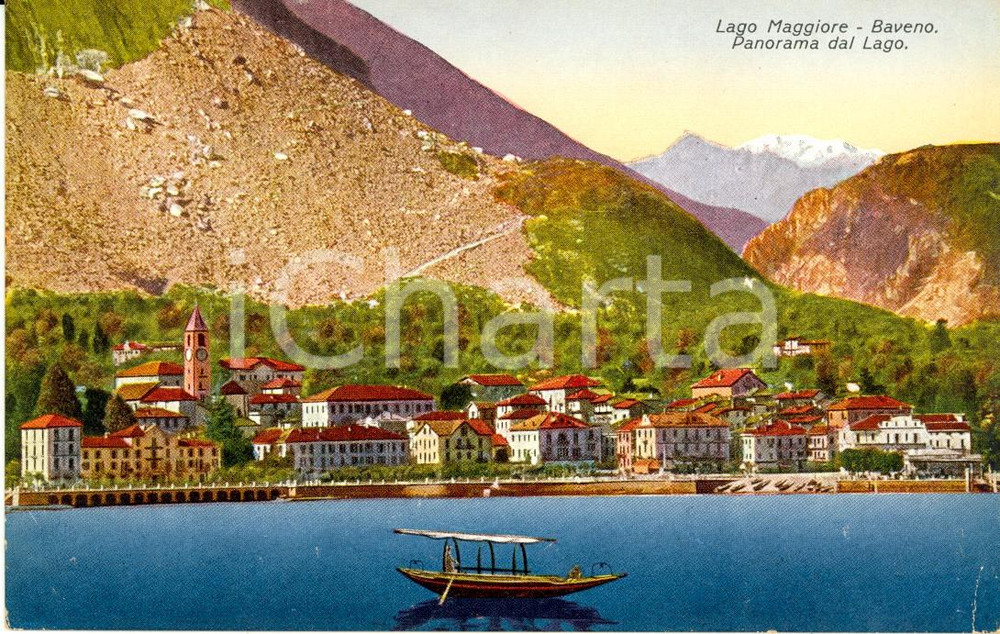 Cartolina originale da collezione 1915 ca BAVENO VB Panorama dal Lago MAGGIORE Cartolina ANIMATA con barca FP NV 1