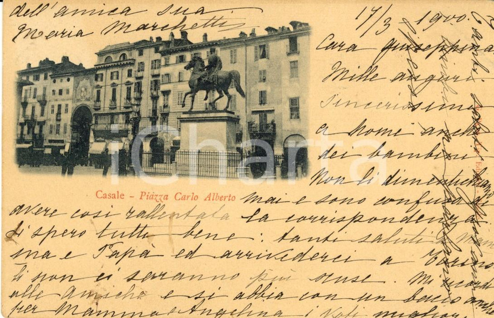 Cartolina originale da collezione 1900 CASALE MONFERRATO (AL) Piazza CARLO ALBERTO con monumento *Cartolina FP VG 1