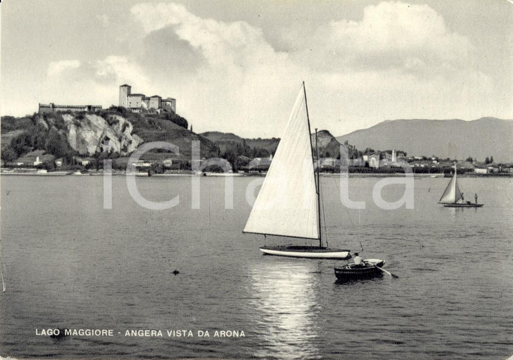 Cartolina originale da collezione 1950 ca ARONA (NO) Veduta ANGERA con ROCCA *Cartolina ANIMATA con vela FG NV 1