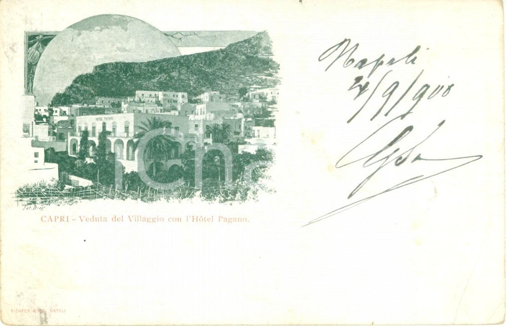 Cartolina originale da collezione 1908 CAPRI NA Veduta Villaggio con Hotel PAGANO Cartolina postale FP VG 1