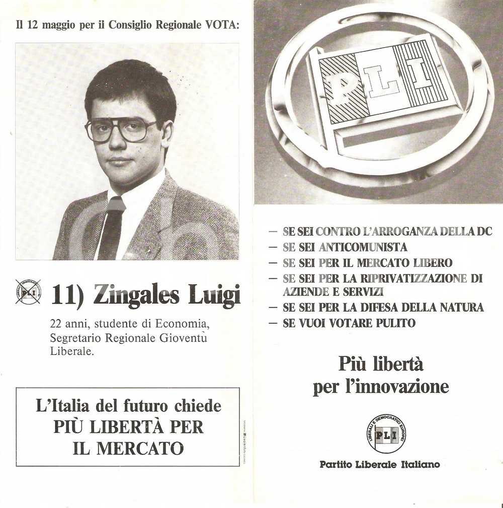 1985 PADOVA Luigi ZINGALES Candidato PLI Elezioni regionali VENETO *Pieghevole