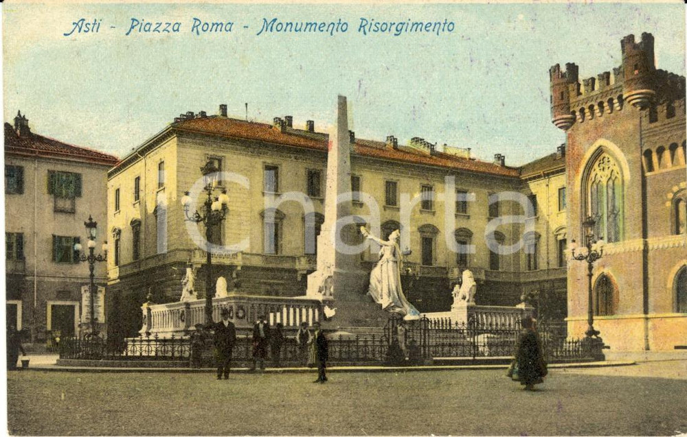 Cartolina originale da collezione 1908 ASTI Monumento al Risorgimento in Piazza ROMA *Cartolina ANIMATA FP VG 1