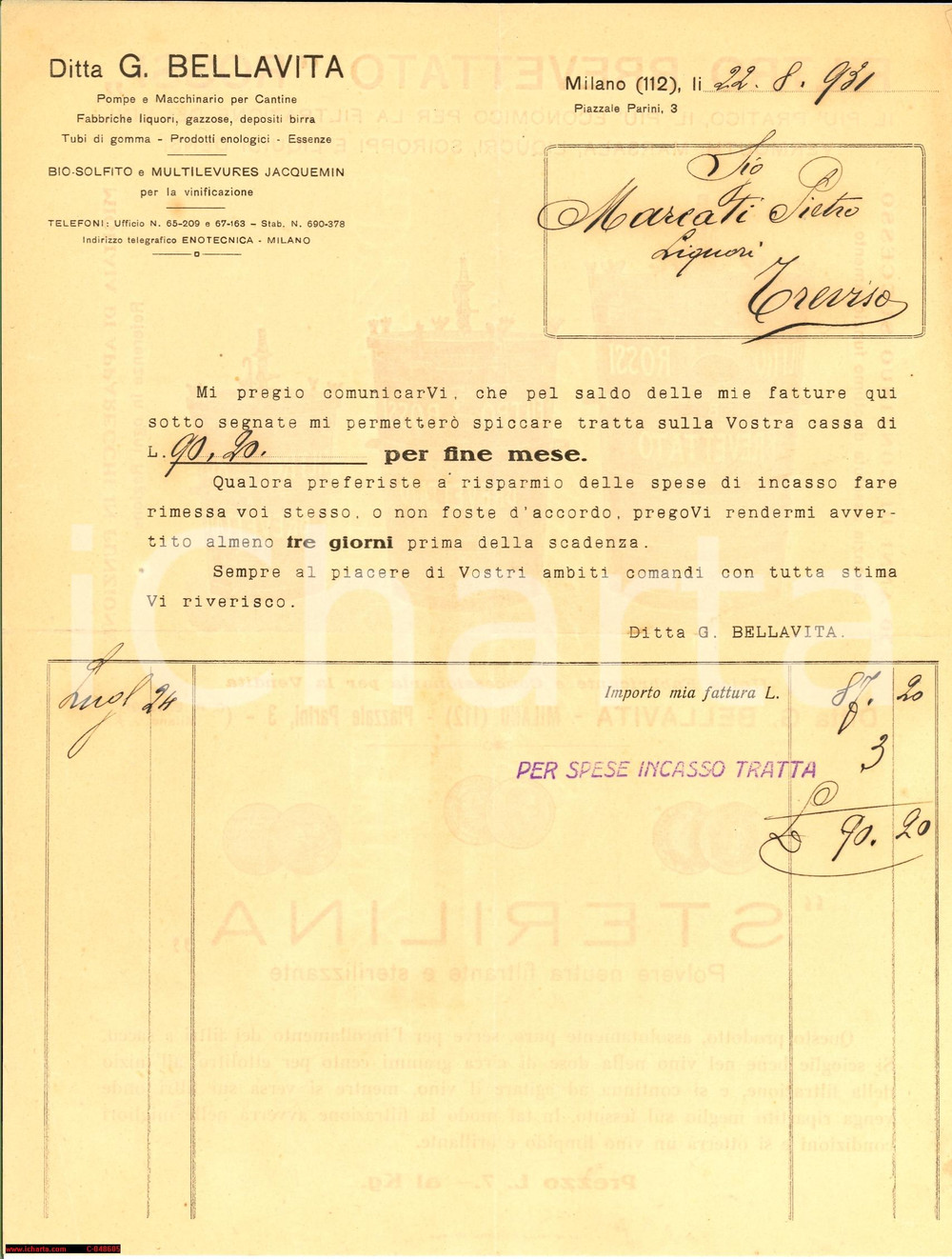Documento originale, autentico 1931 MILANO Ditta BELLAVITA macchinari per cantine 1