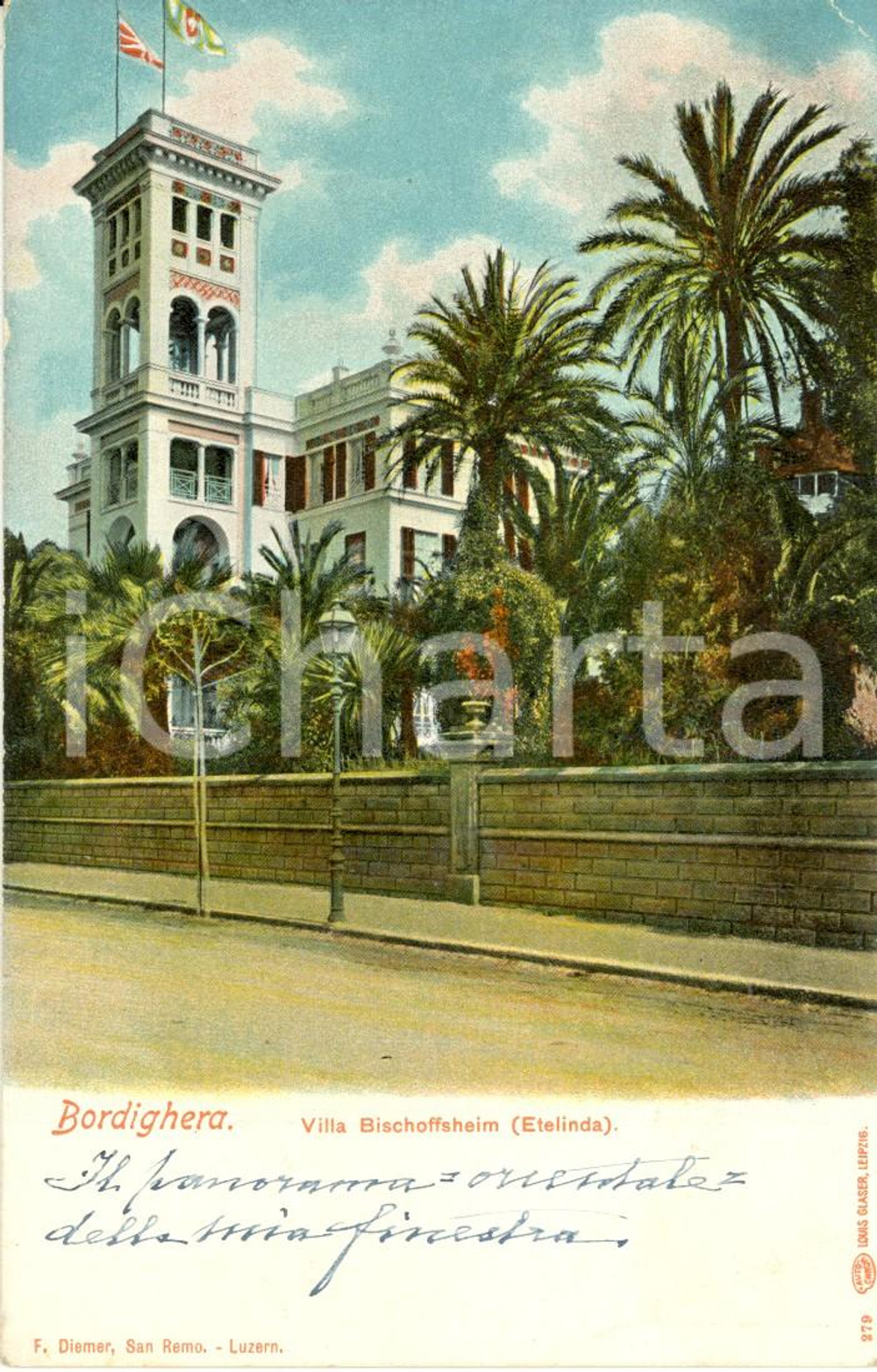 Cartolina originale da collezione 1913 BORDIGHERA (IM) Veduta di Villa BISCHOFFSHEIM ETELINDA *Cartolina FP NV 1