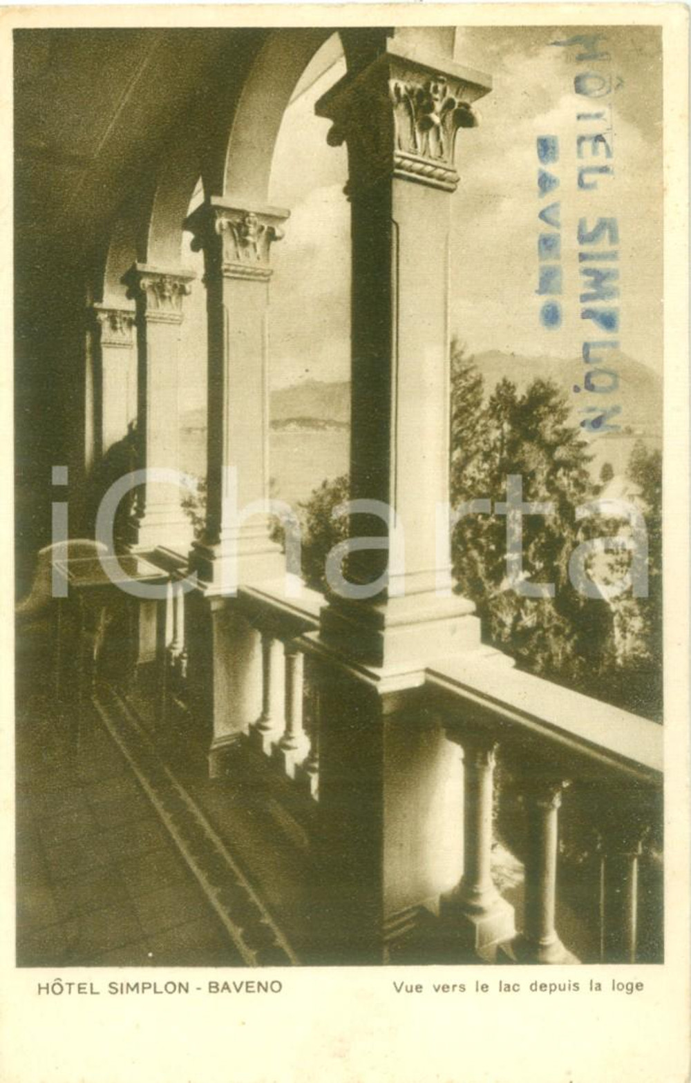 Cartolina originale da collezione 1940 ca BAVENO (VB) Porticato dell'Hotel SIMPLON *Cartolina postale FP NV 1
