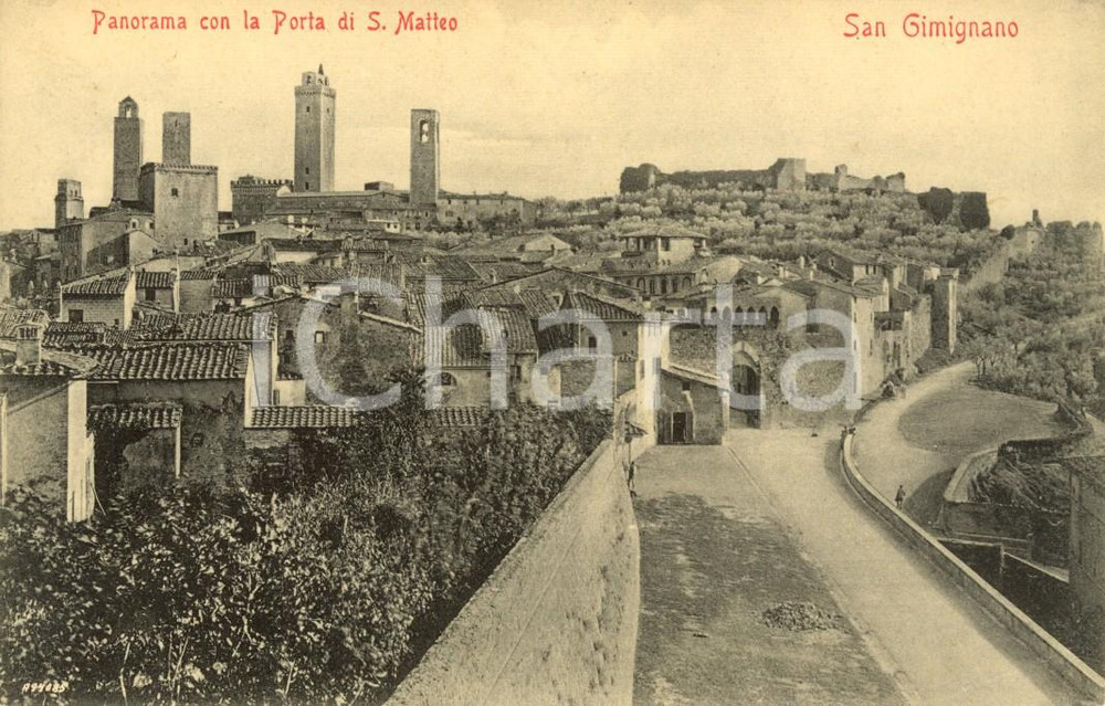 Cartolina originale da collezione 1905 ca SAN GIMIGNANO (SI) Panorama con la Porta di SAN MATTEO *Cartolina FP VG 1