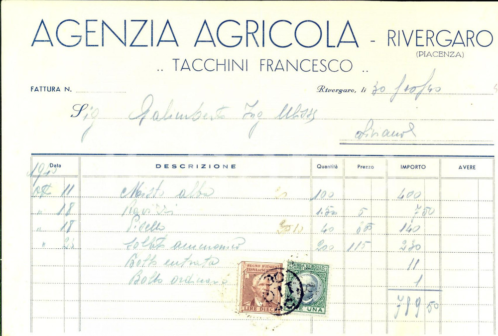 Documento originale, autentico 1940 RIVERGARO PC Agenzia agricola Francesco TACCHINI  Fattura intestata 1