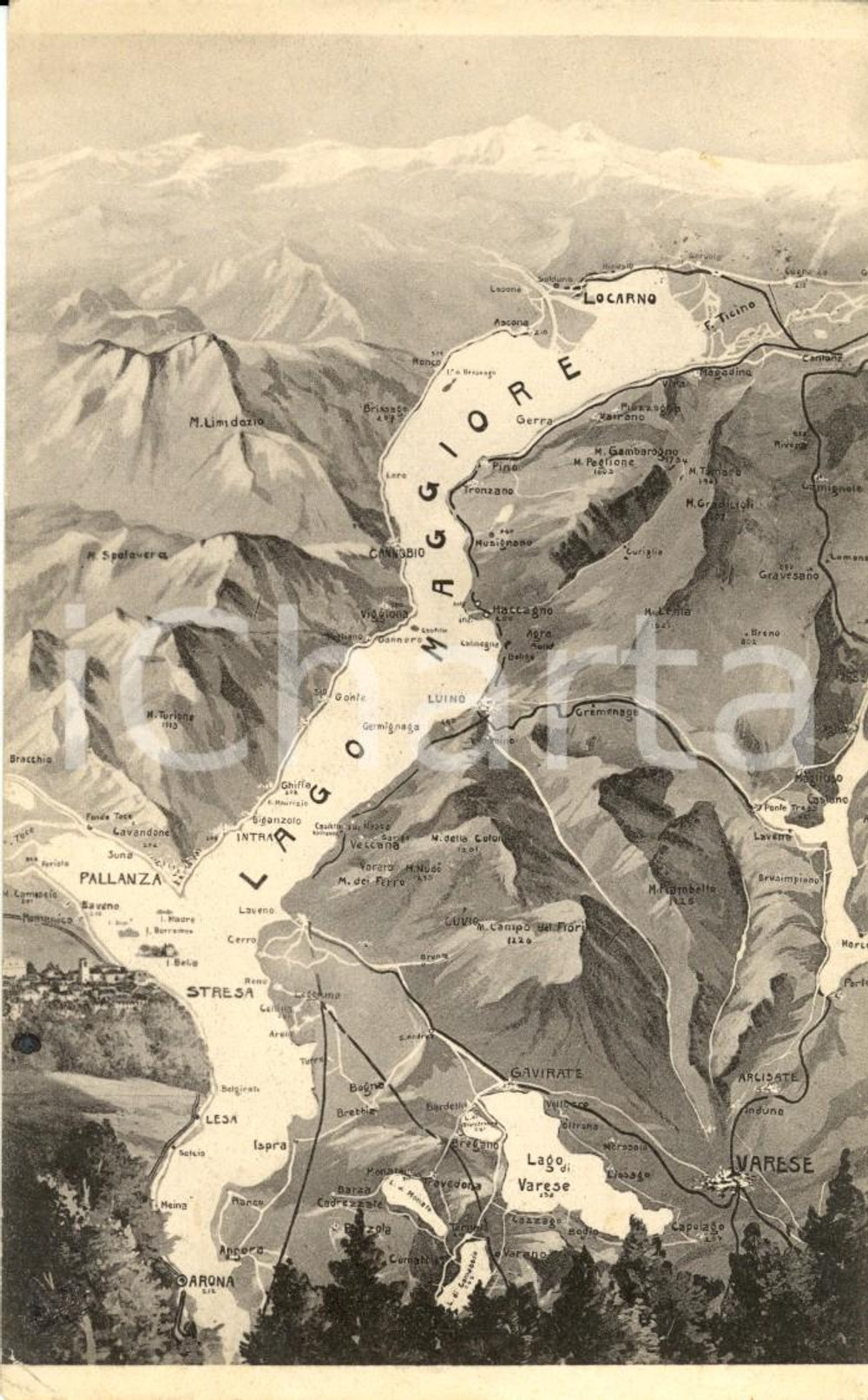 Cartolina originale da collezione 1930 LAGO MAGGIORE e LAGO DI VARESE Mappa fisica *Cartolina FP VG 1