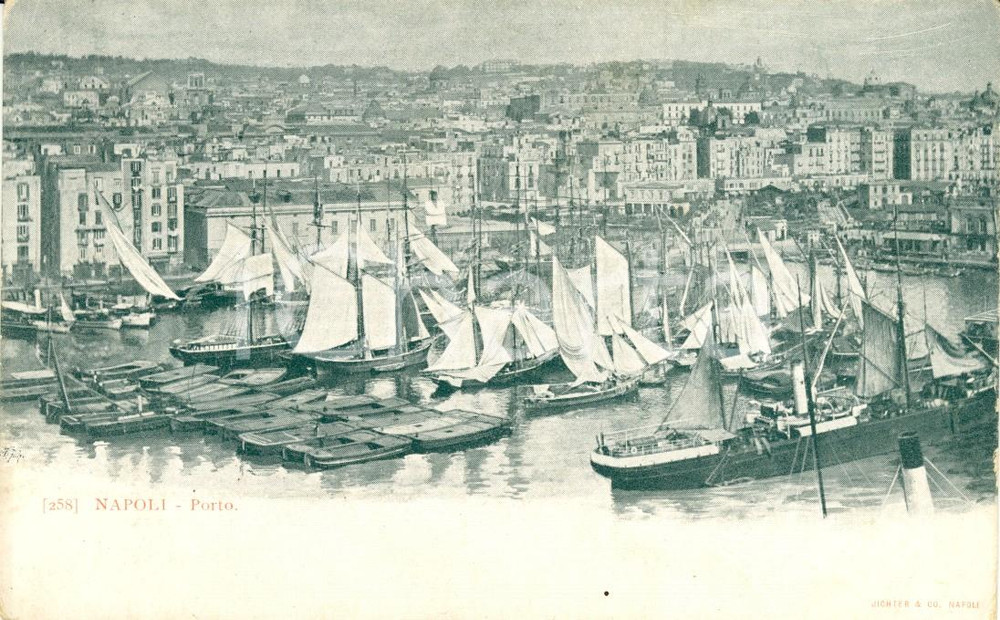 Cartolina originale da collezione 1900 ca NAPOLI Veduta cittÃ  con barche e vele al porto *Cartolina postale FP NV 1