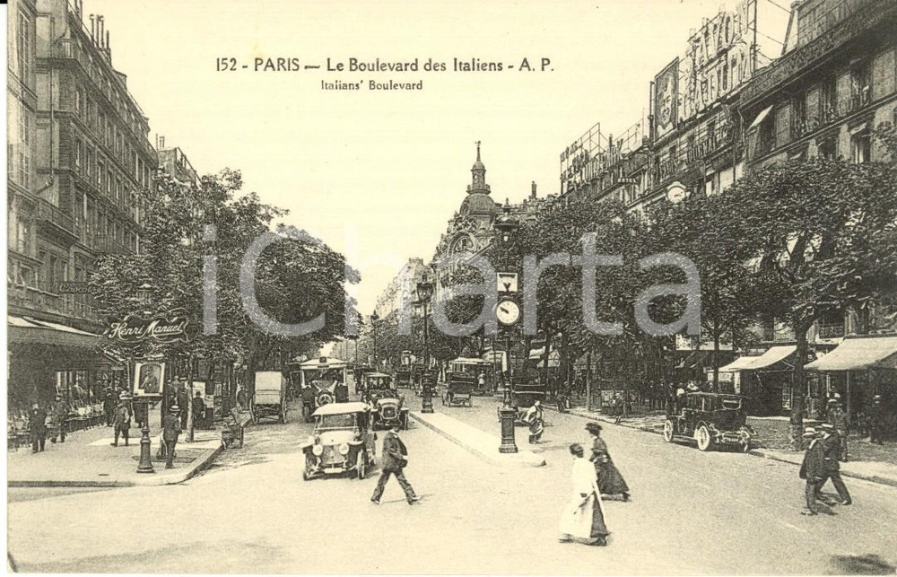 Cartolina originale da collezione 1910 ca PARIS FR Le Boulevard des ITALIENS Cartolina ANIMATA con auto FP NV 1