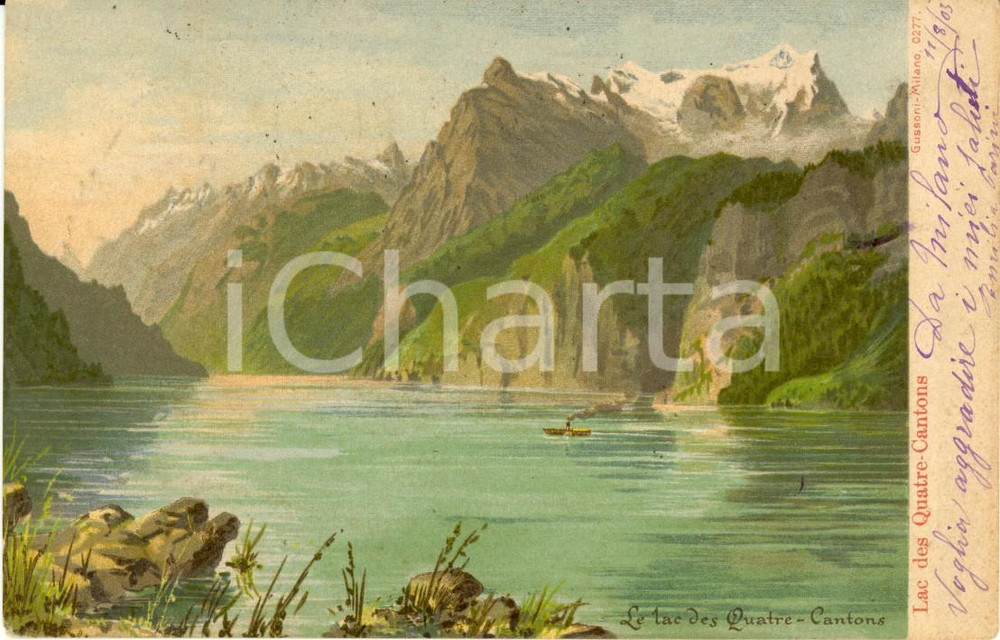Cartolina originale da collezione 1903 LUCERNA CH Il Lago dei QUATTRO CANTONI Cartolina ANIMATA con barca FP VG 1