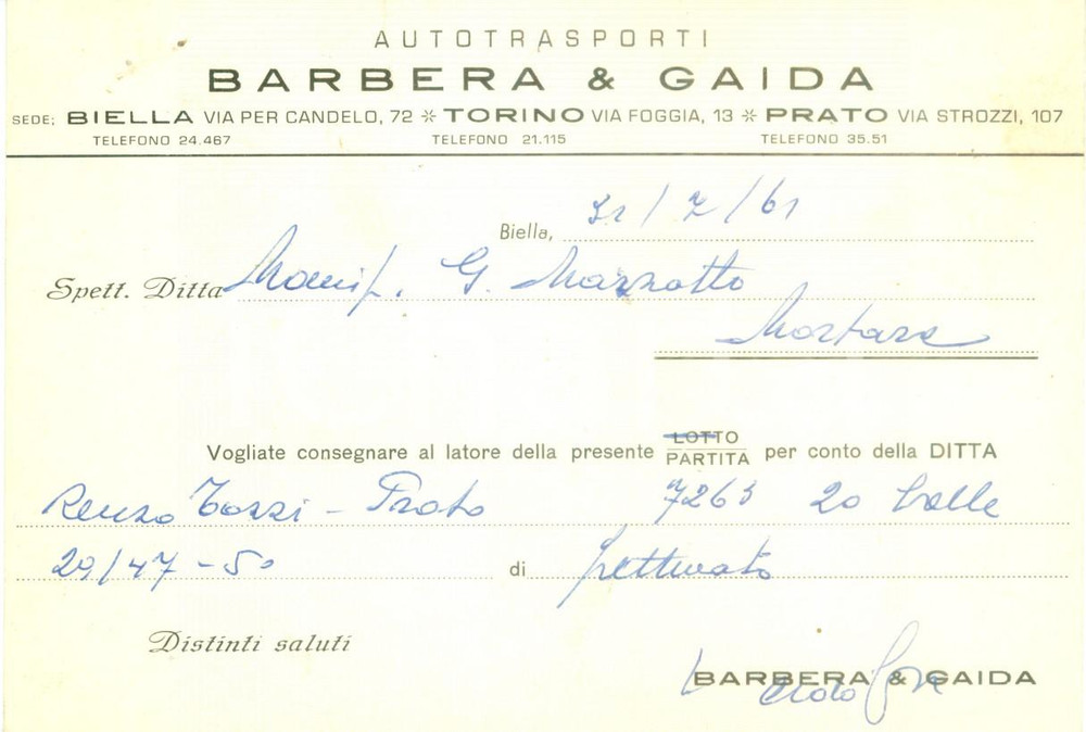Cartolina originale da collezione 1961 TORINO Autotrasporti BARBERA & GAIDA Ricevuta di trasporto 1