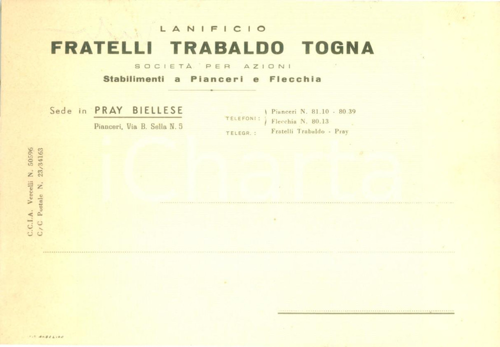 Cartolina originale da collezione 1956 PRAY BI Lanificio Fratelli TRABALDO TOGNA Cartolina commerciale FG VG 1