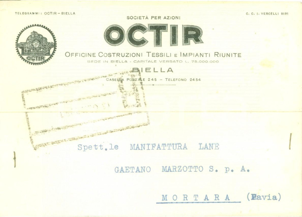 Cartolina originale da collezione 1951 BIELLA Officine Costruzioni Tessili OCTIR *Cartolina commerciale FG VG 1