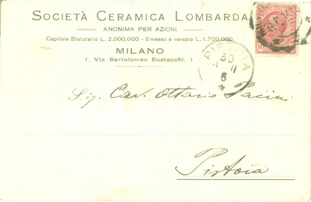 Cartolina originale da collezione 1914 MILANO SocietÃ  Ceramica Lombarda *Cartolina commerciale FP VG 1